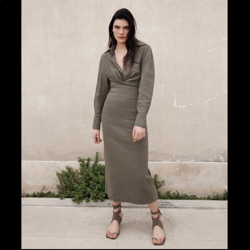 SS21 NWT XS ZARA LINEN BLEND RUCHED DRESS DARK KHAKI REF 9479/084